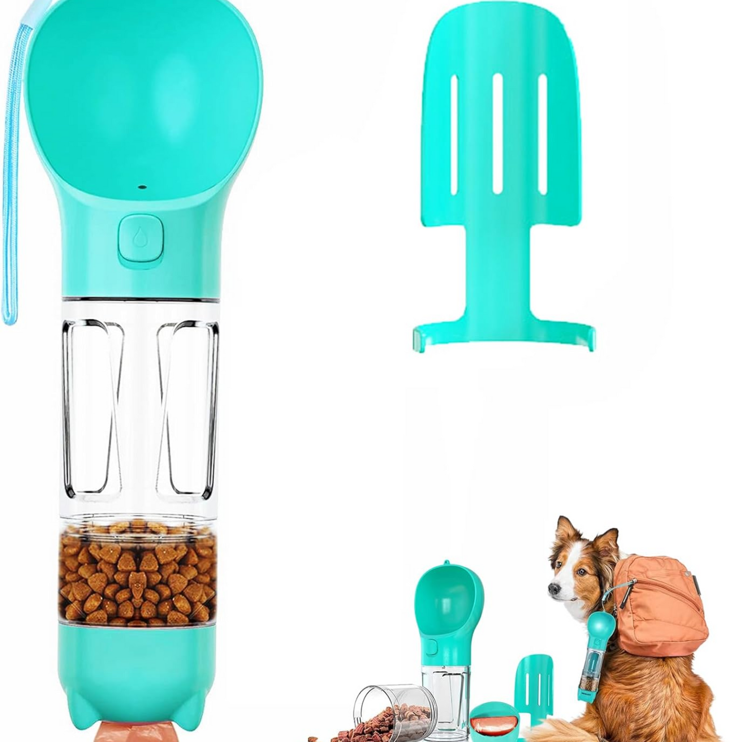 Botella de agua portátil 4 en 1, Alimentador de comida para mascotas, dispensador de agua de 10 onzas, accesorios para pasear perros y gatos.
