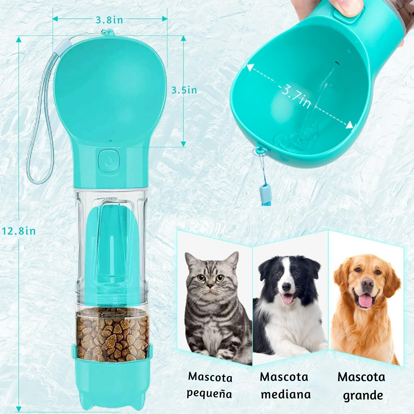 Botella de agua portátil 4 en 1, Alimentador de comida para mascotas, dispensador de agua de 10 onzas, accesorios para pasear perros y gatos.