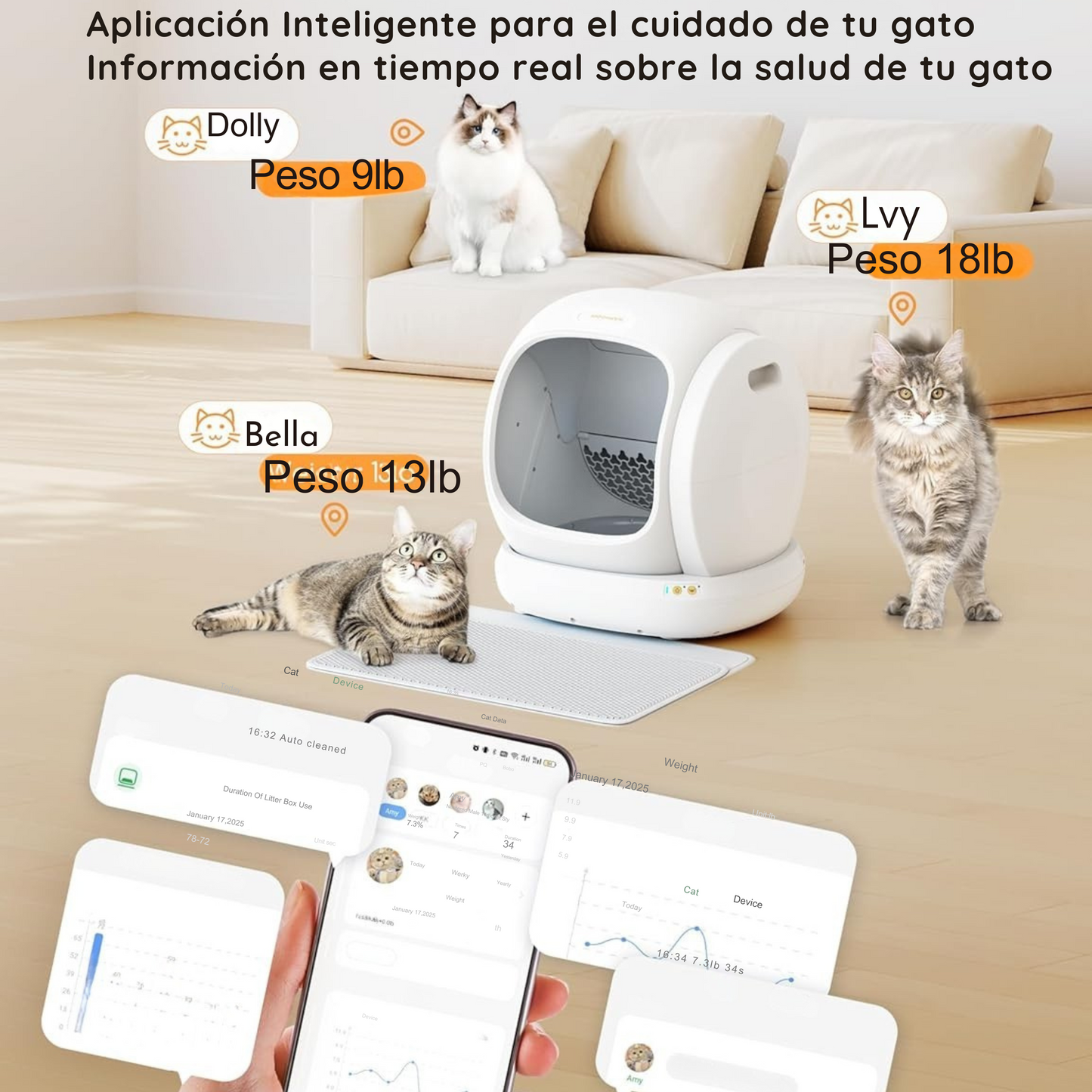 Arenero automático inteligente para gatos de 75L, con tapa abierta.
