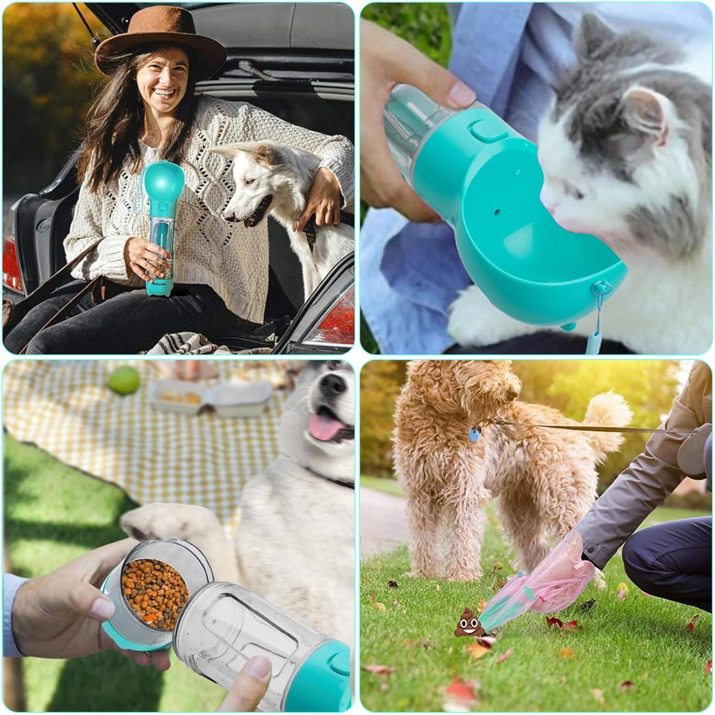 Botella de agua portátil 4 en 1, Alimentador de comida para mascotas, dispensador de agua de 10 onzas, accesorios para pasear perros y gatos.