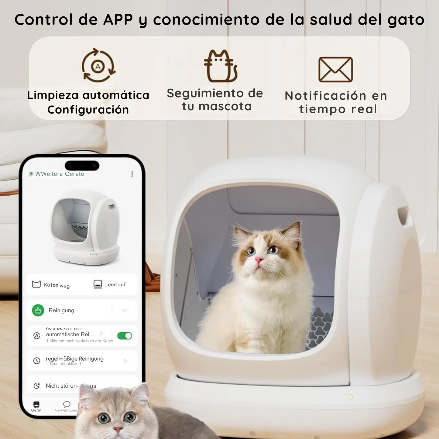 Arenero automático inteligente para gatos de 75L, con tapa abierta.