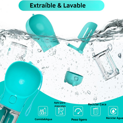 Botella de agua portátil 4 en 1, Alimentador de comida para mascotas, dispensador de agua de 10 onzas, accesorios para pasear perros y gatos.
